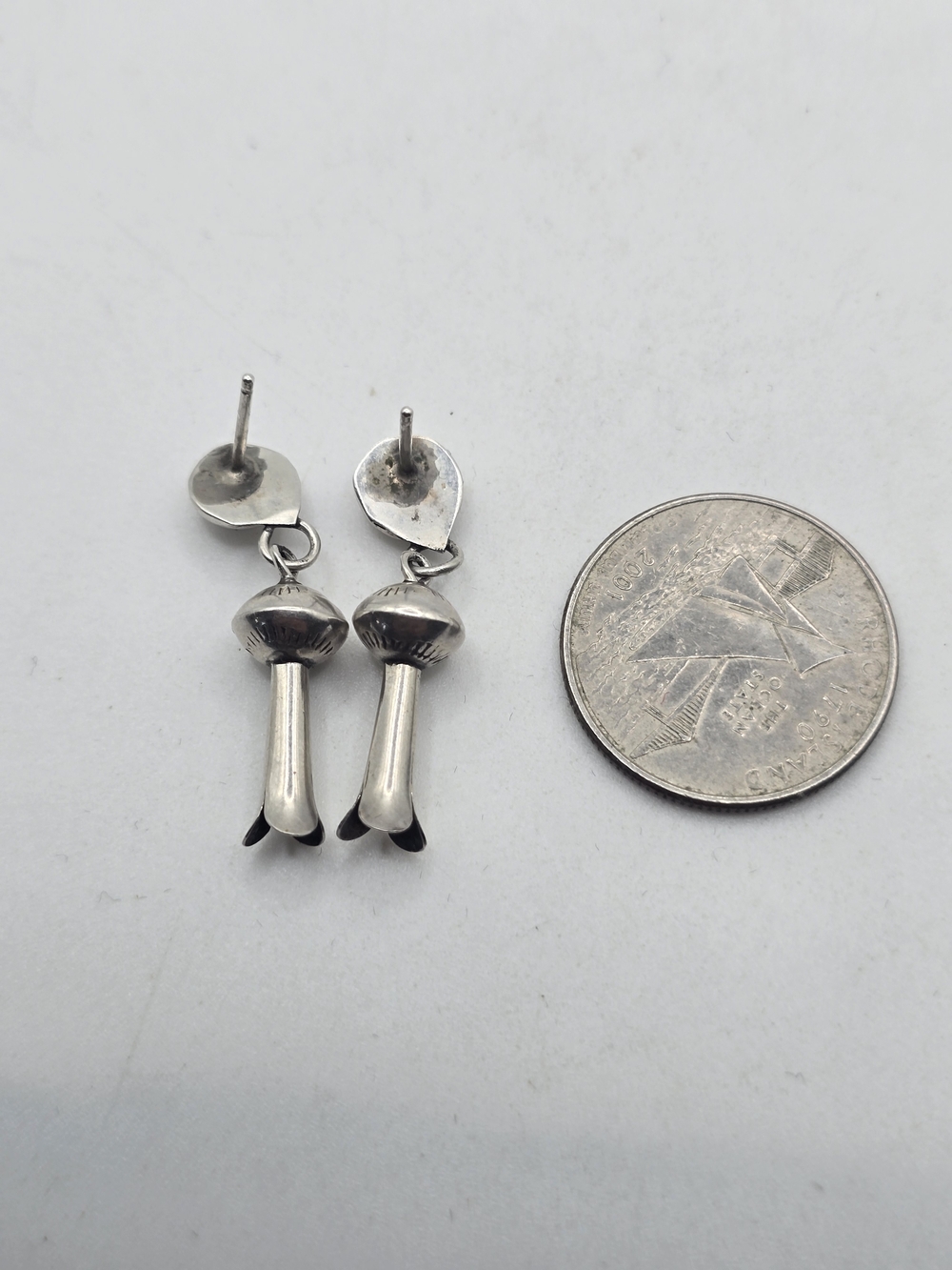 Vintage Navajo Sterling Silver Dangle Squash Blossom Earrings - Picture 5 of 5